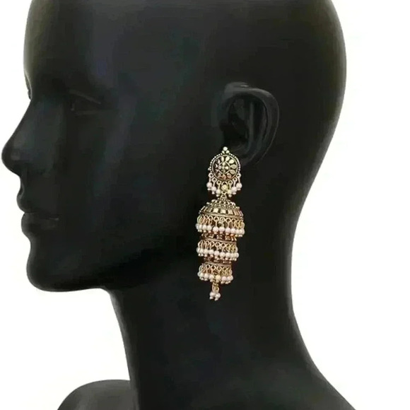 Traditional Ethnic Pearl Jhumka Jhumki Indian Earrings - Picture 2 of 5